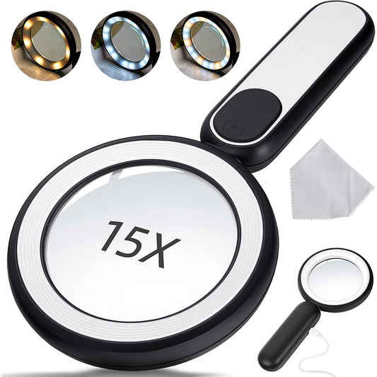 Meromore 15X Magnifying Glass with 21 LED Light, Handheld Illuminated Magnifying Glass with 3 Light Modes, USB Rechargeable Magnifier Low Vision Seniors Reading