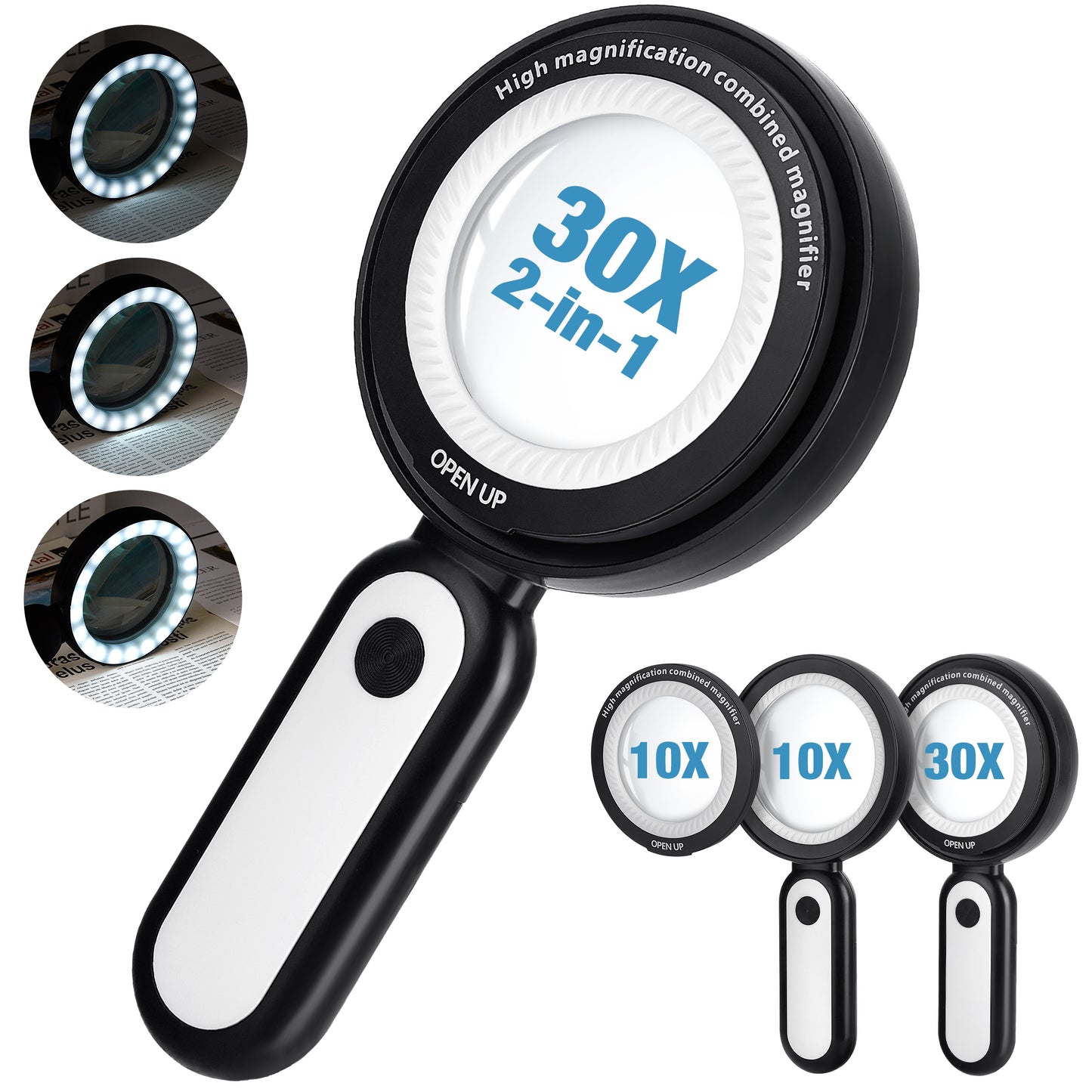 Meromore Magnifying Glass with Light, 30X 10X Magnification Handheld Magnifier with 3 Light Brightnesses and 21 LED Light for Reading, Hobbies, Inspection, Crafts, Exploring, Map, Orange