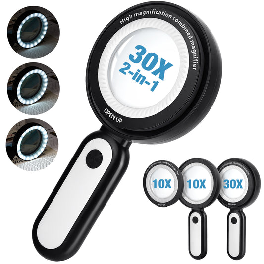 Meromore Magnifying Glass with Light, 30X 10X Magnification Handheld Magnifier with 3 Light Brightnesses and 21 LED Light for Reading, Hobbies, Inspection, Crafts, Exploring, Map, Orange
