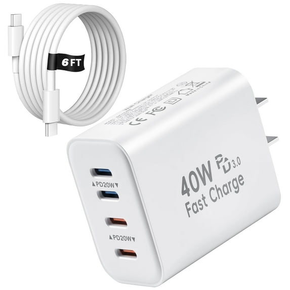 40W USB C Charger Block with 6FT USB C to C Cable, 4 USB C Port PD&QC Wall Charger Block Fast Charging Cube Compatible with iPhone 16 15 Galaxy S25 S24 Ultra, Watch, Tablet