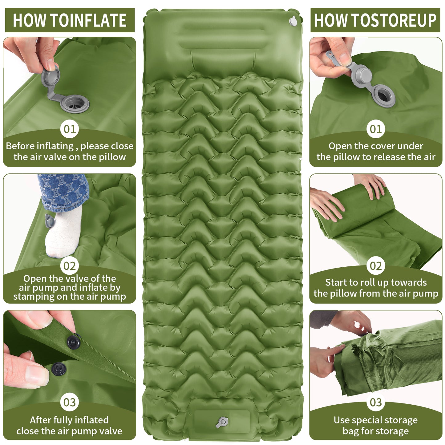 Camping Sleeping Pad, Ultralight Camping Mat with Pillow Built-in Foot Pump Inflatable Sleeping Pads Compact for Camping Backpacking Hiking Traveling Air Mattress