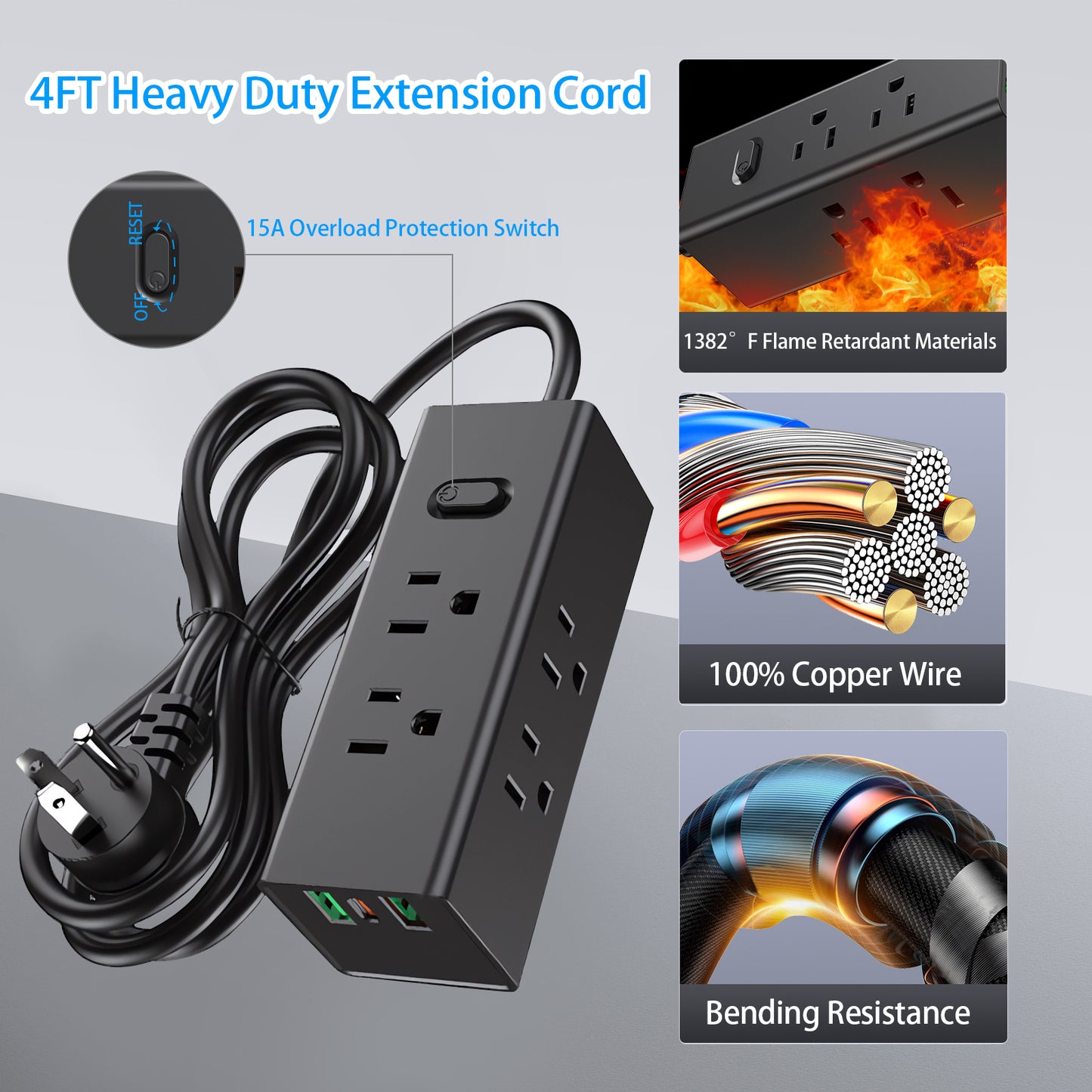 Flat Plug Power Strip Surge Protector, 6 Outlets with 3 USB Ports (1 USB C), 3-Side Outlet Extender Strip, Wall Mount Small Power Strip for Travel Home Office College Dorm