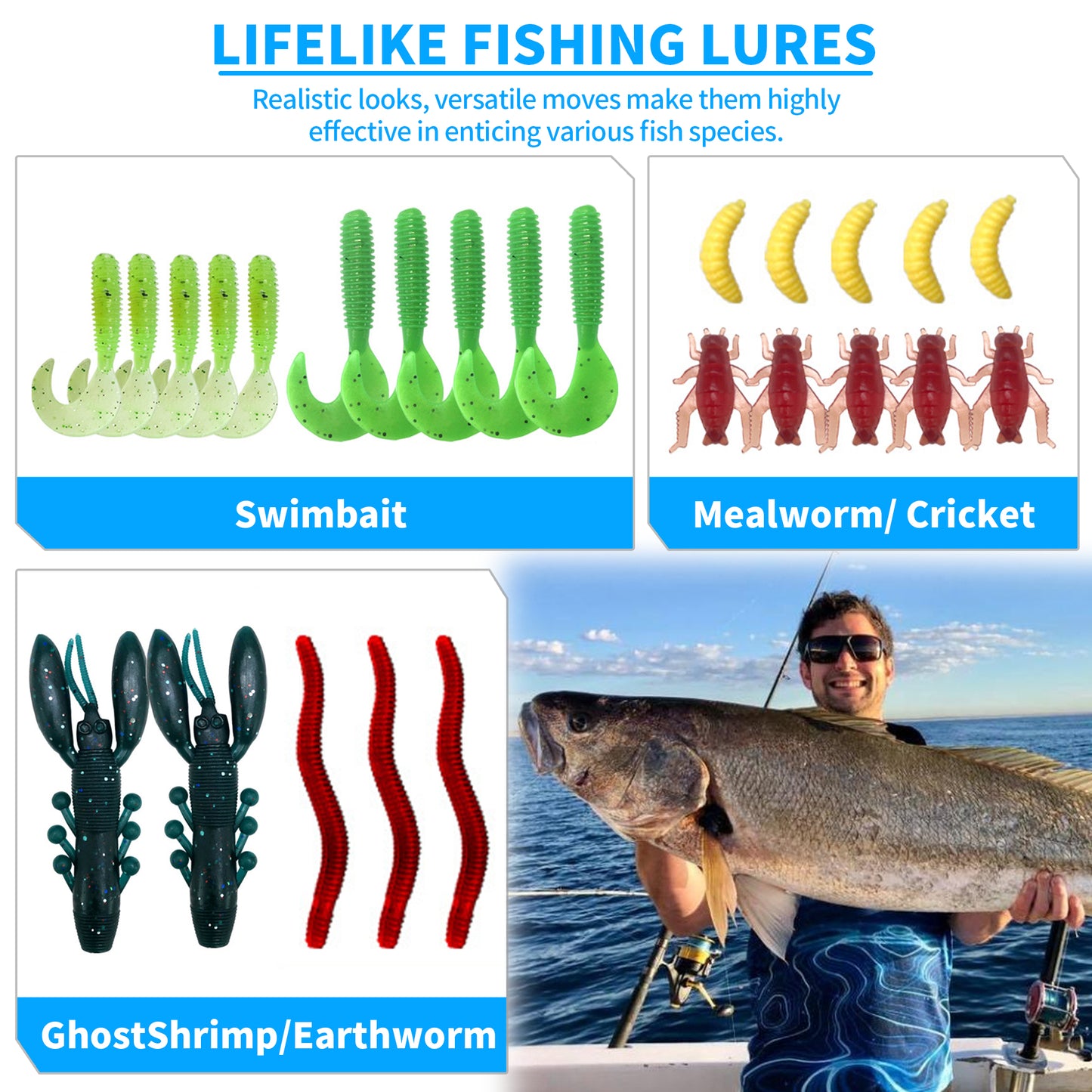 Fishing Lures Kit for Freshwater Bait Tackle Kit for Bass Trout Salmon, Fishing Accessories Tackle Box Including Spoon Lures, Soft Plastic Worms, Crankbait Jigs Fishing Hooks (59Pcs)