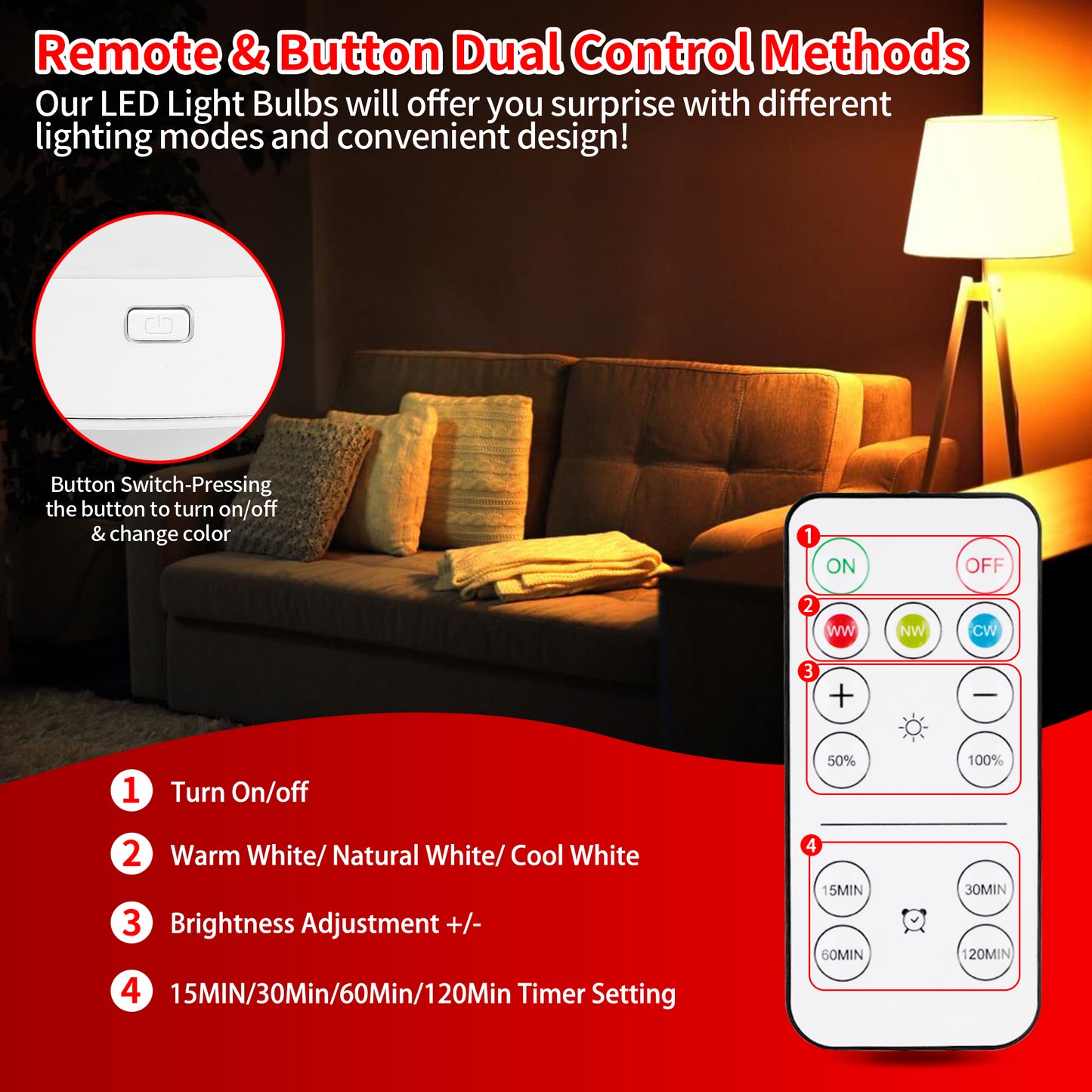 E26 Rechargeable Light Bulb with Remote and Timer Battery Backup Bulb for Sconces and Lamps, Battery Operated Light Bulb for Non-Hardwired Fixture, 3 Color Temperatures, 2 Pack