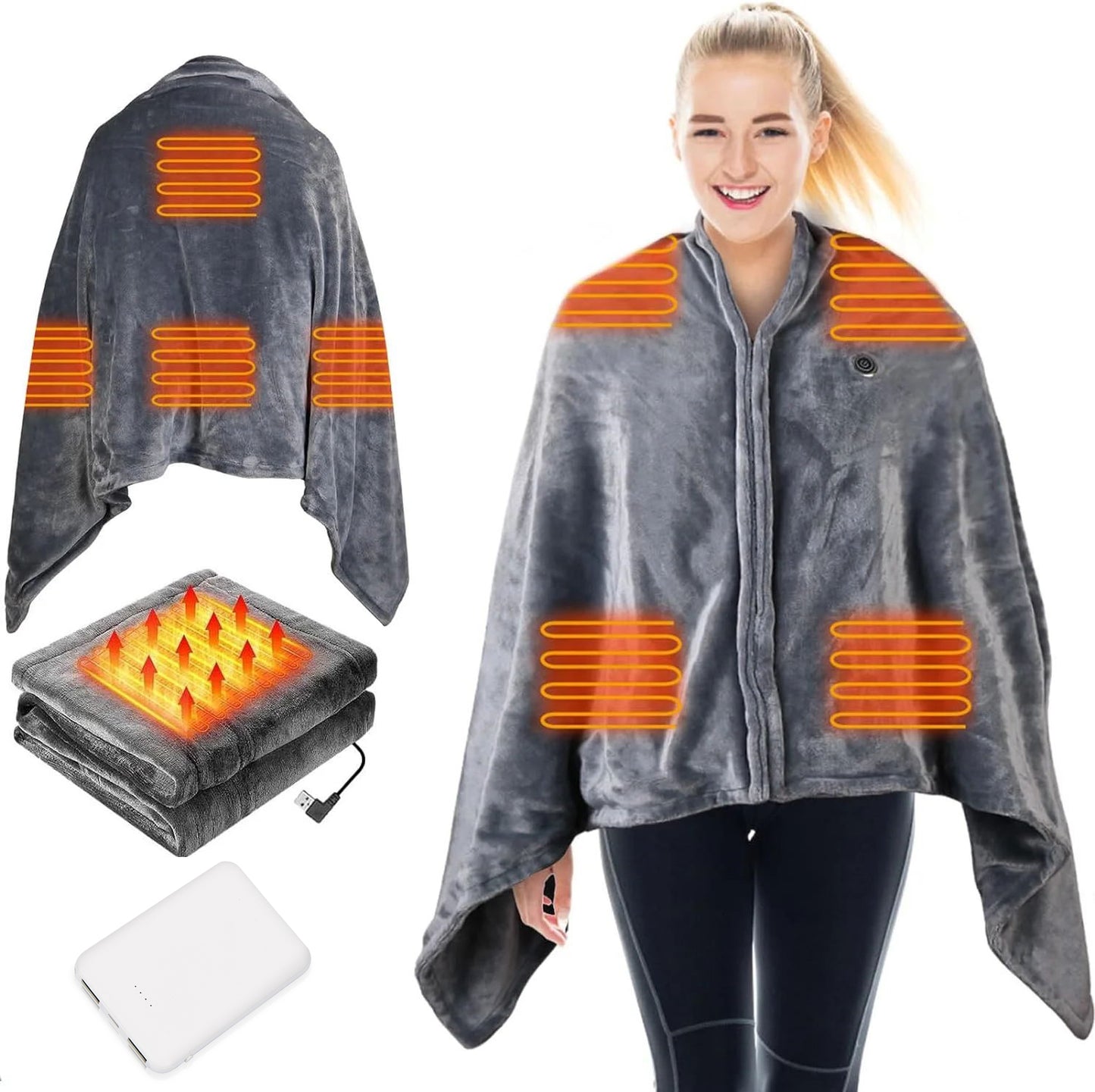 USB Heated Blanket, Electric Blanket Throw with 3 Heating Levels, Portable Wearable Soft Flannel Heated Shawl for Home Office Couch Camping, Machine Washable, 59''x33''
