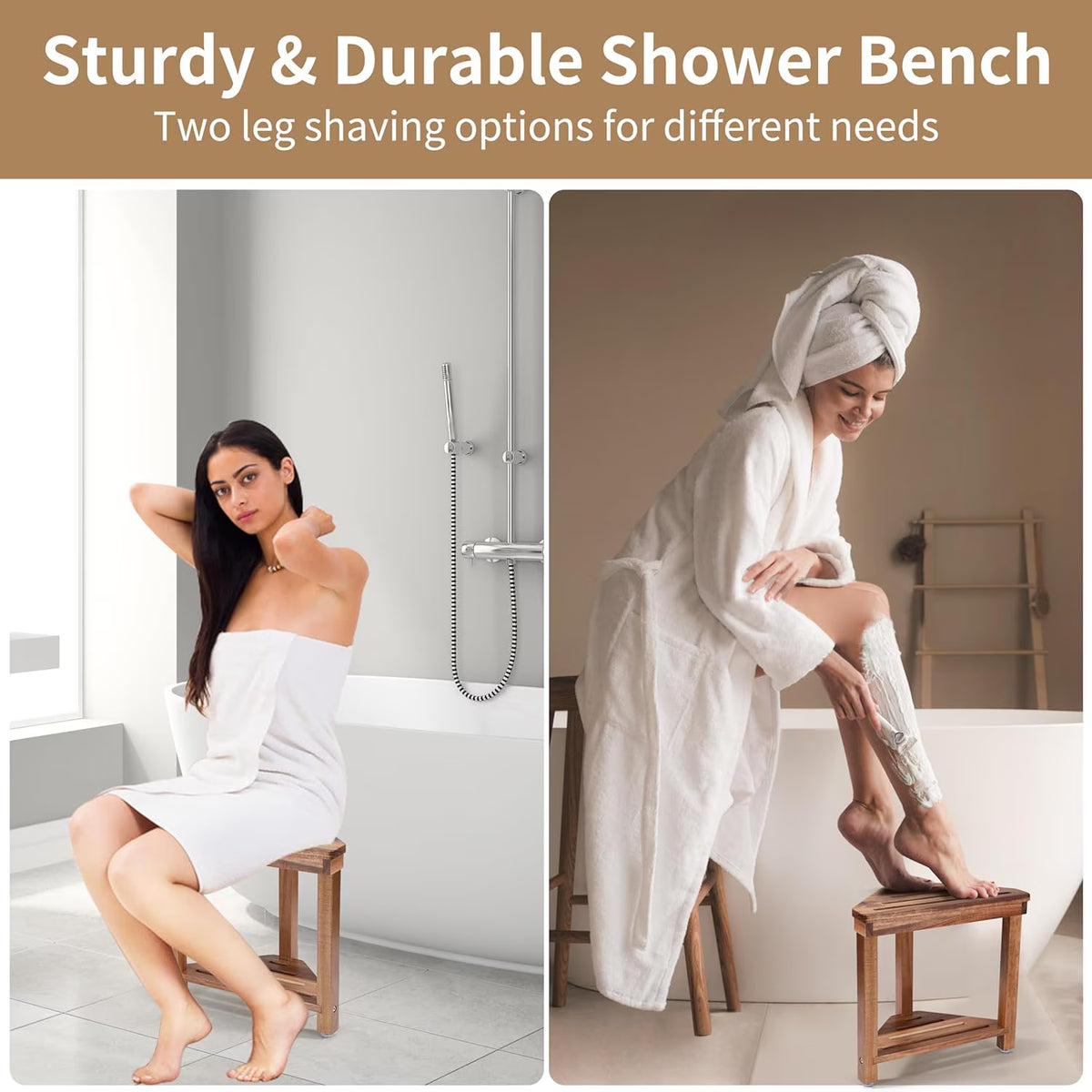 Shower Foot Rest, 14in Acacia Wood Shower Stool for Shaving Legs, Waterproof Corner Shower Stool with Storage Shelf for Inside Small Shower Spaces