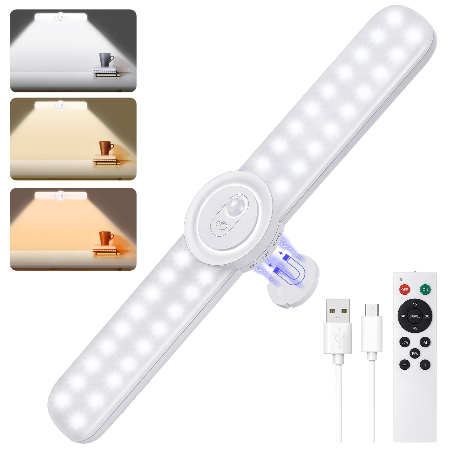 Meromore 72 LED Closet Lights, USB Rechargeable Under Cabinet Lighting Kit with Motion Sensor and 3 Colors Adjustable, Wireless Night Light with Remote Control for Stairs, Wardrobe, Kitchen