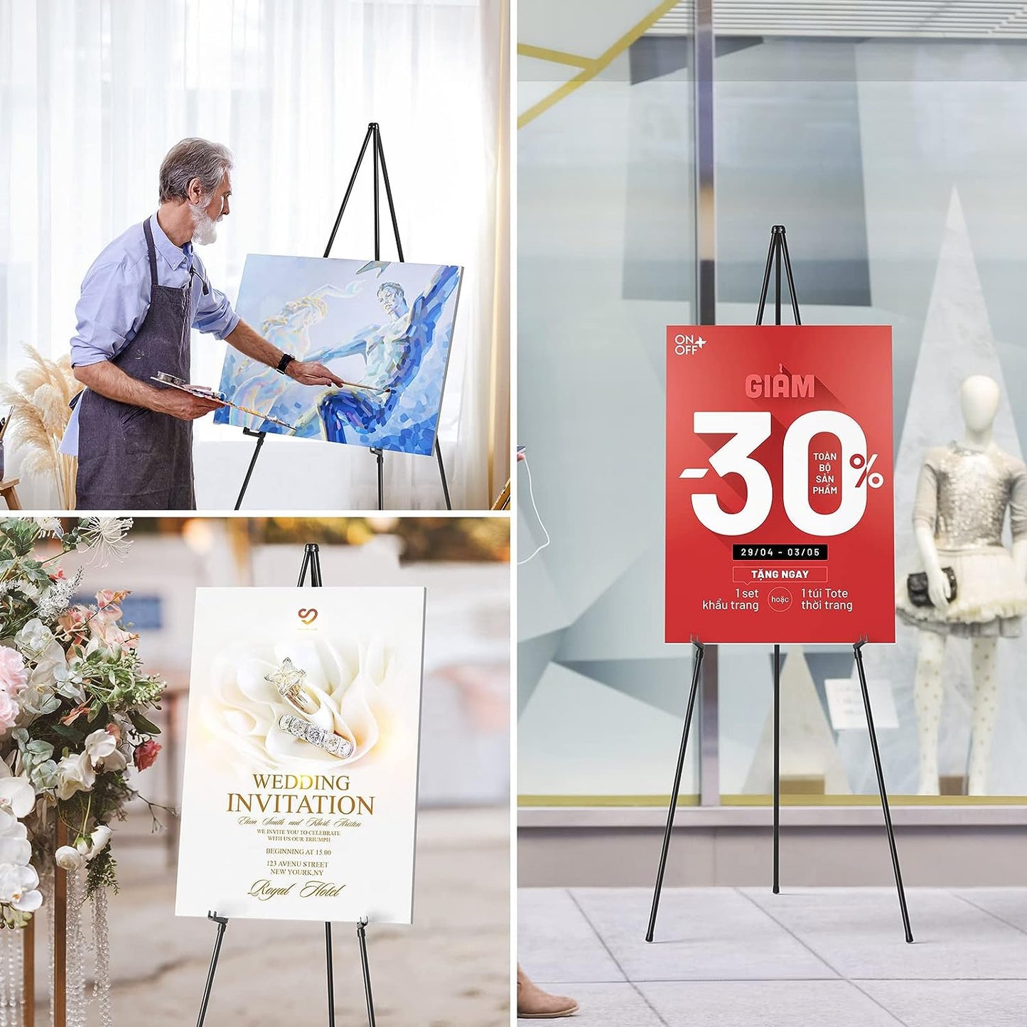 Easel Stand for Display Wedding Sign & Poster - Artist Instant Tripod Collapsible Portable Floor Easel for Posters- 63" Adjustable Easy Folding Metal Stand for Display Show, Arts, Painting