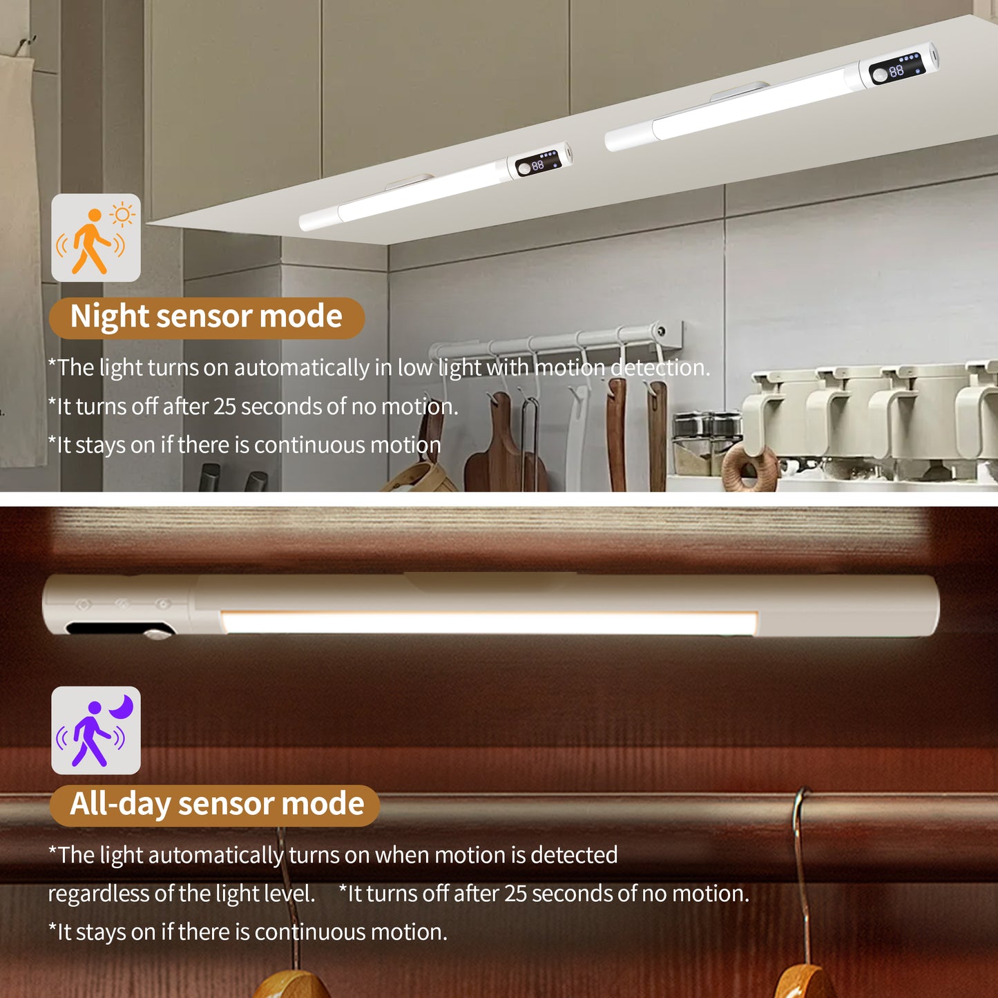 Under Cabinet Lights,44 LED Motion Sensor Light Indoor, Closet Lights with 1200mAh Large Battery,15in Rechargeable Magnetic Under Counter Lights for Kitchen,Battery Level Display，2PCS