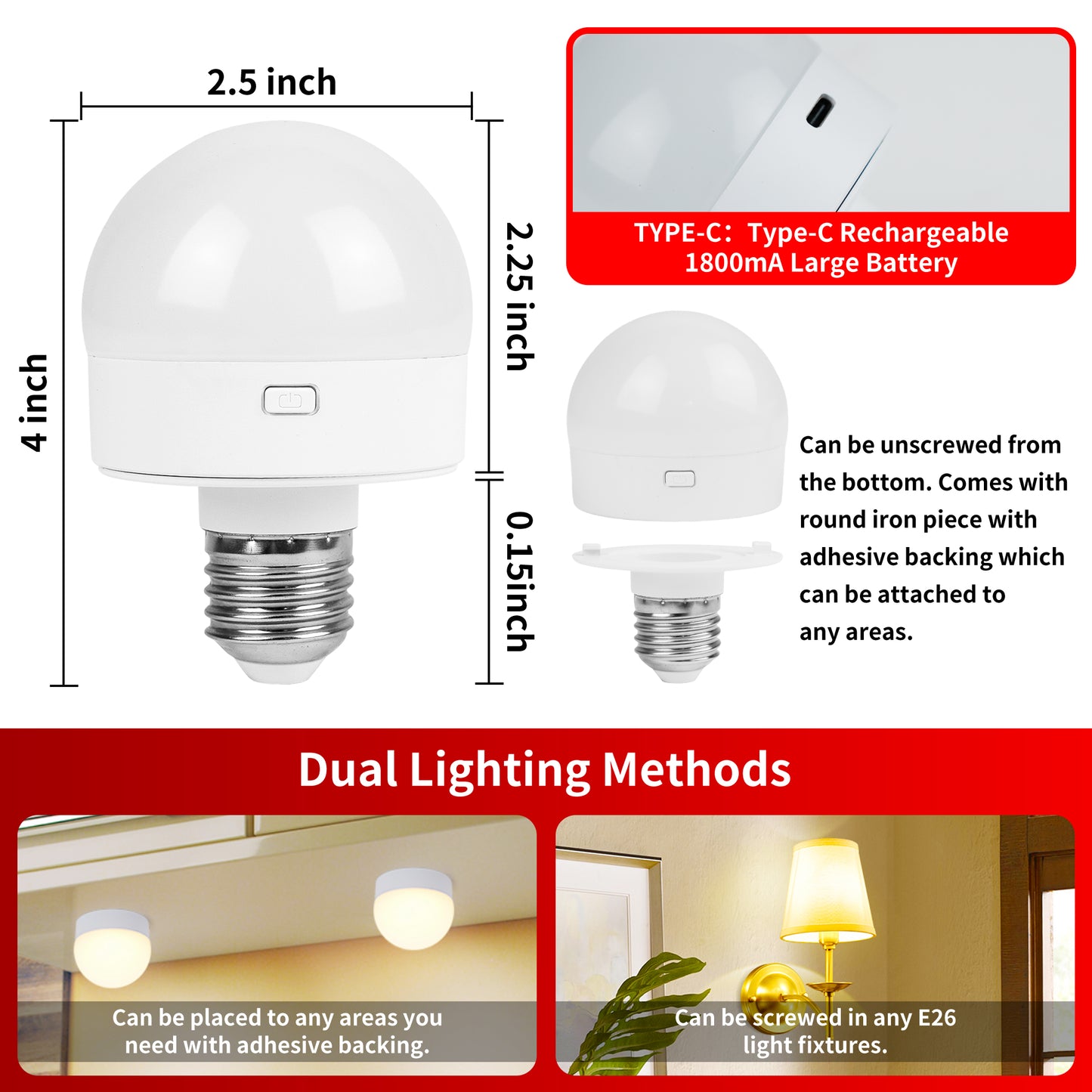 E26 Rechargeable Light Bulb with Remote and Timer Battery Backup Bulb for Sconces and Lamps, Battery Operated Light Bulb for Non-Hardwired Fixture, 3 Color Temperatures, 2 Pack