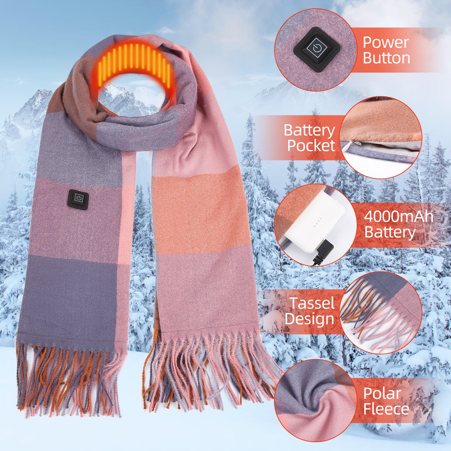 USB Rechargeable Heated Scarf Electric Heating Scarf with Neck Heating Pad Washable Shawl Soft Warm Neck Christmas Gift for Women Men