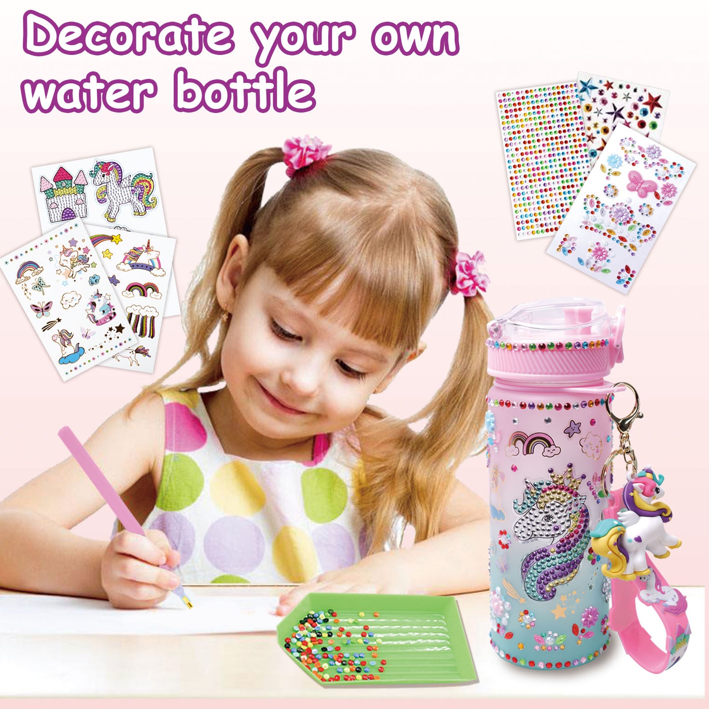 Decorate Your Own Water Bottle Kits for Girls Age 4-6-8-10, Unicorn Themed Gem Diamond Crafts Art Painting, Fun Arts and Crafts Gifts Toys for Girls Birthday Christmas