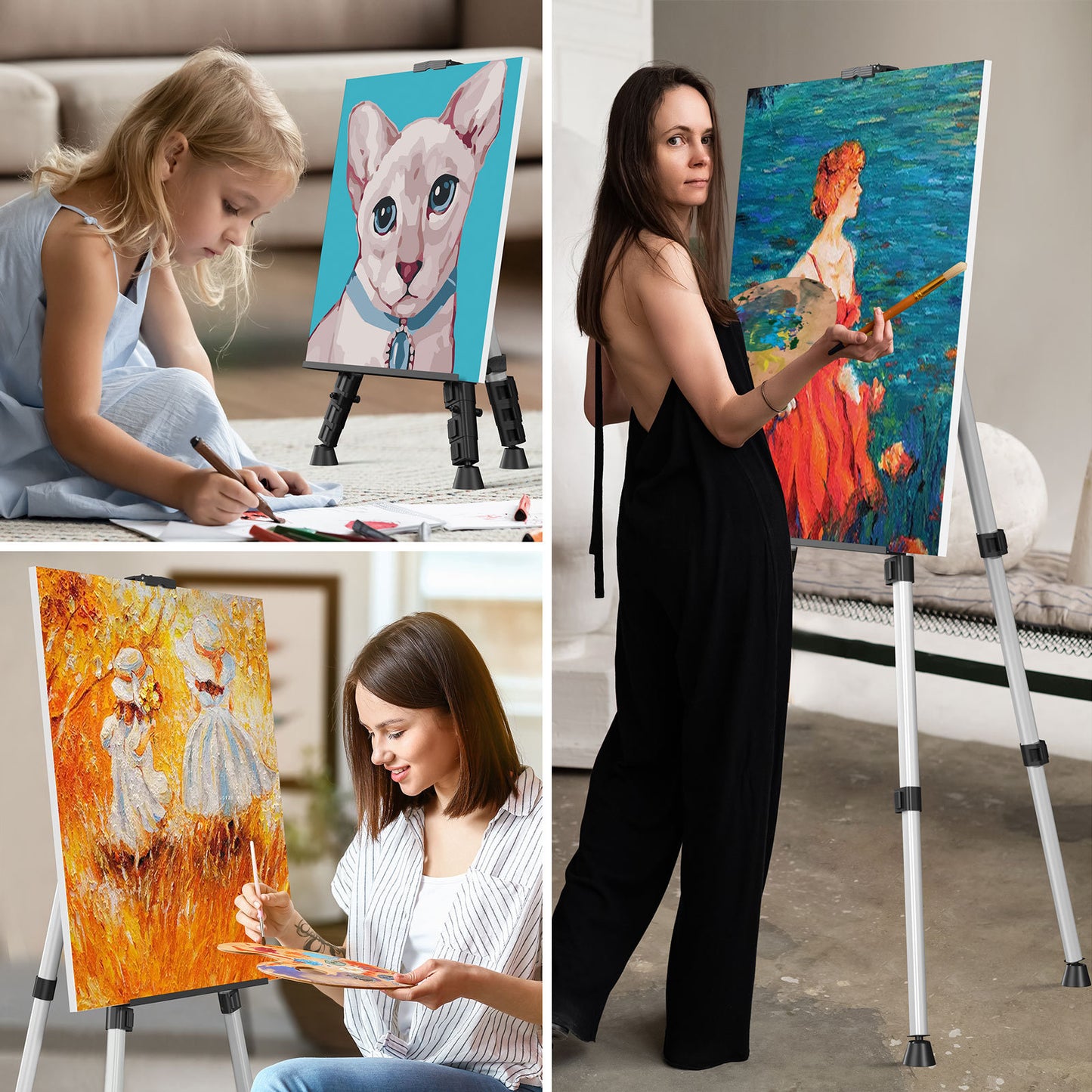 Artist Easel Stand, Aluminum Metal Tripod Adjustable Easel for Painting Canvases Height from 17 to 59 Inch, Carry Bag for Table-Top/Floor Drawing and Displaying