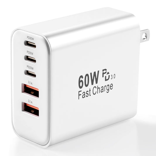 Fast Charger USB C Charger Block, 60W USBC Charging Cubes, 5-Port PD+QC Power Adapter Multiport Brick Type C Box Plug Compatible wi iPhone 16/15/14/13/12/11/Pro Max/Plus, iPad mini/Pro,Galaxy S25/S24