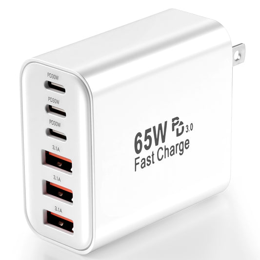 USB C Charger Block, 65W USBC Wall Charging Blocks 6-Port PD & QC Power Adapter Multiport Type C Fast Chargers Plug Cube Brick for iPhone 16/15/14/13/12/Pro Max, iPad Pro/Air, Samsung Galaxy S25/S24