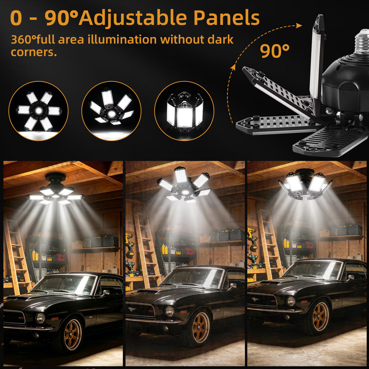 LED Garage Lights 2 Pack, 18000LM 160W Shop Light, Garage Lights Ceiling Led with 6+1 Deformable Panels, 6500K Daylight Screw in E26/E27 Socket Bulb for Warehouse, Workshop, Basement, Barn Lighting