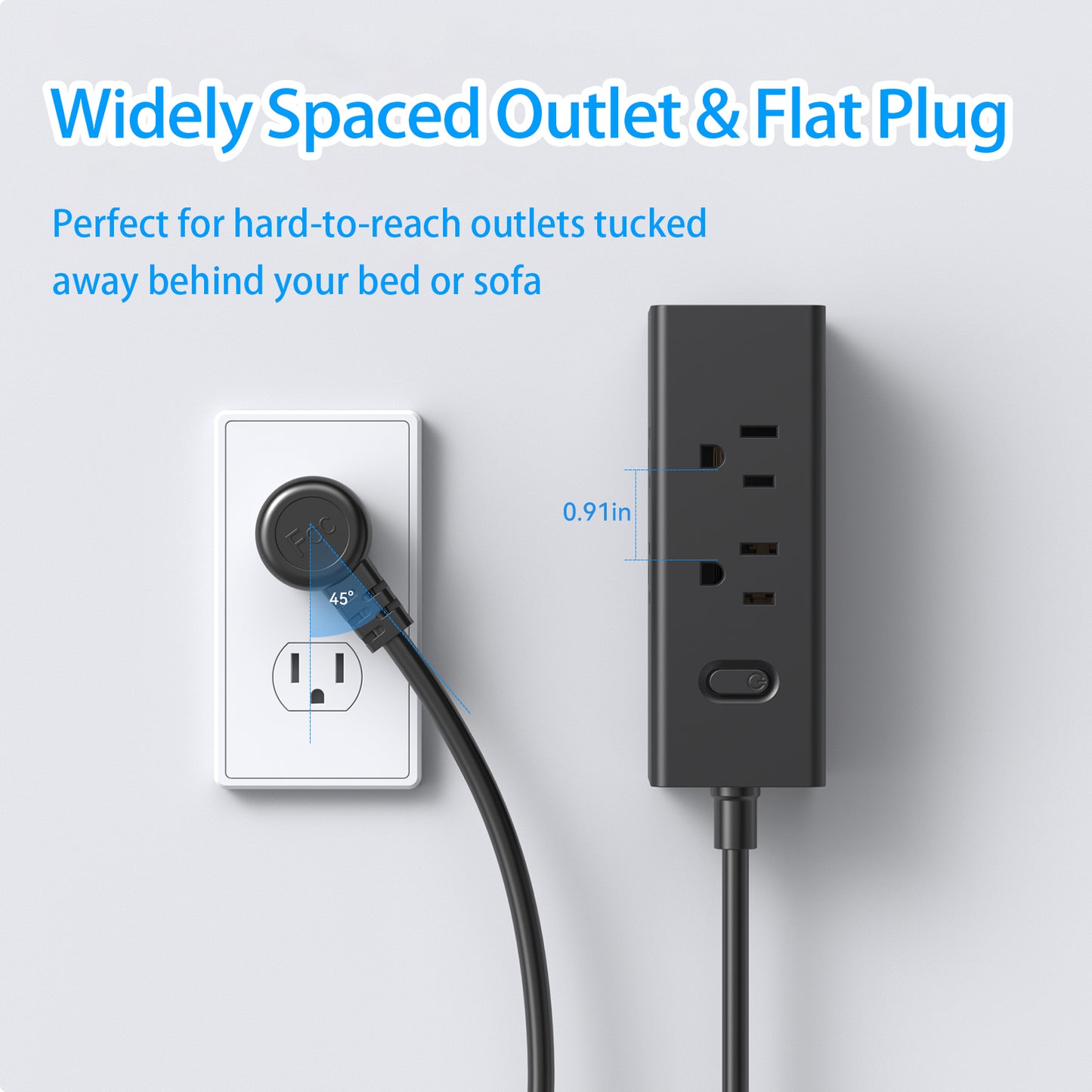 Flat Plug Power Strip Surge Protector, 6 Outlets with 3 USB Ports (1 USB C), 3-Side Outlet Extender Strip, Wall Mount Small Power Strip for Travel Home Office College Dorm