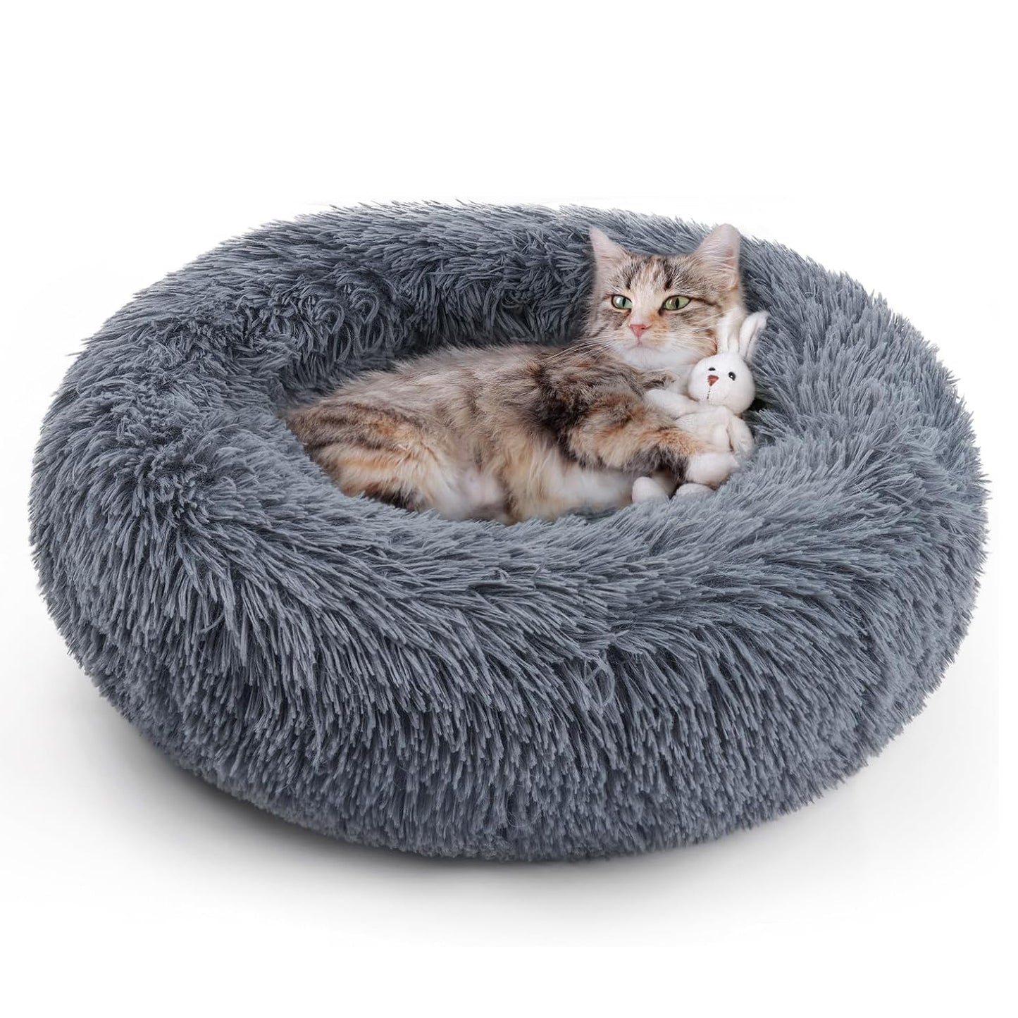 Calming Dog & Cat Bed, Anti-Anxiety Donut Washable Warming Soft Pet Bed, Fluffy Faux Fur Plush Cushion Bed for Small Medium Dogs and Cats-24inch