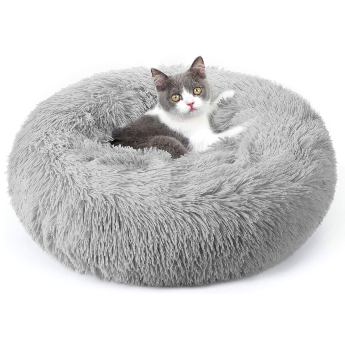 Calming Dog & Cat Bed, Anti-Anxiety Donut Washable Warming Soft Pet Bed, Fluffy Faux Fur Plush Cushion Bed for Small Medium Dogs and Cats-20inch