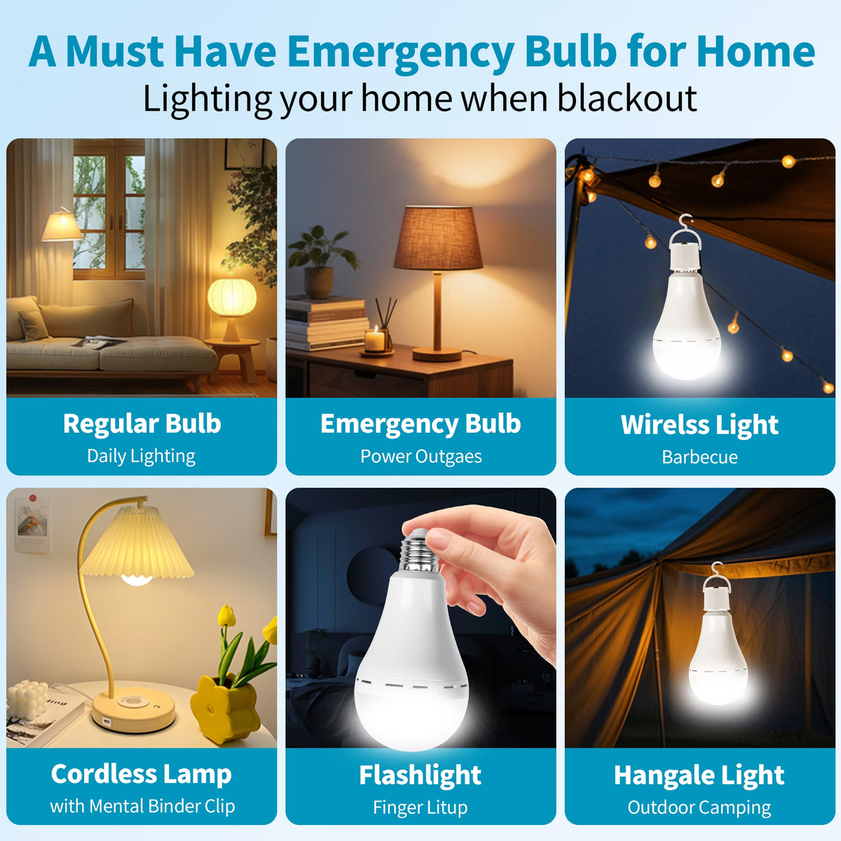 Rechargeable Emergency LED Light Bulb with Hook, Stays Lit When Power Fails, 1200mAh 12W 70W Equivalent 6500K Daylight E26 Bulbs for Home, Camping, Hiking, 8 Pack