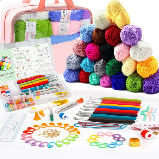Crochet Kit for Beginners, 98PCS Crochet Starter Kit with 24 Colors Crochet Yarn, Crochet Set Beginner Crochet Kit for Kids/Adults, Professional Storage Bag