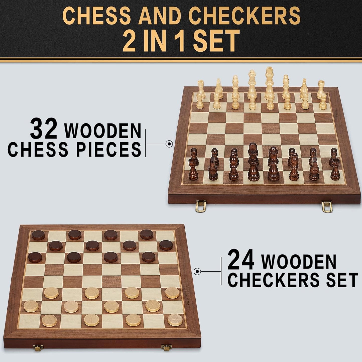 2 in 1 Magnetic Chess Set & Checkers Board Game, 15" Wooden Folding Chess Board with 2 Extra Queens, Portable Travel Chess Set, Beginner Chess Board Game for Adults & Kids