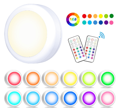 Puck Lights, 13 Colors Changeable LED Puck lightings Battery Powered Dimmable Under Cabinet Lights, Battery Powered Under Counter Lights with 2 Wireless Remote Controls for Kitchen (6 Pcs)