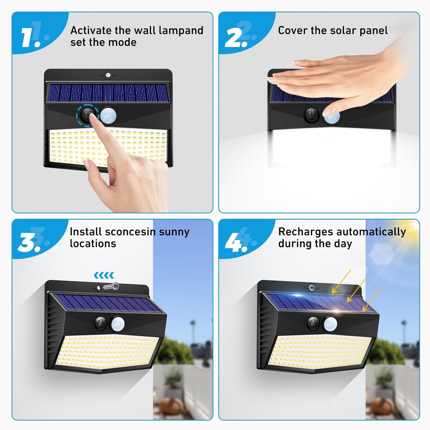 Solar Outdoor Lights, 138 LED Solar Motion Sensor Lights with 3 Lighting Modes Solar Wall Lights Waterproof Solar Powered Lights for Garden Fence Yard Deck Garage 4 Packs