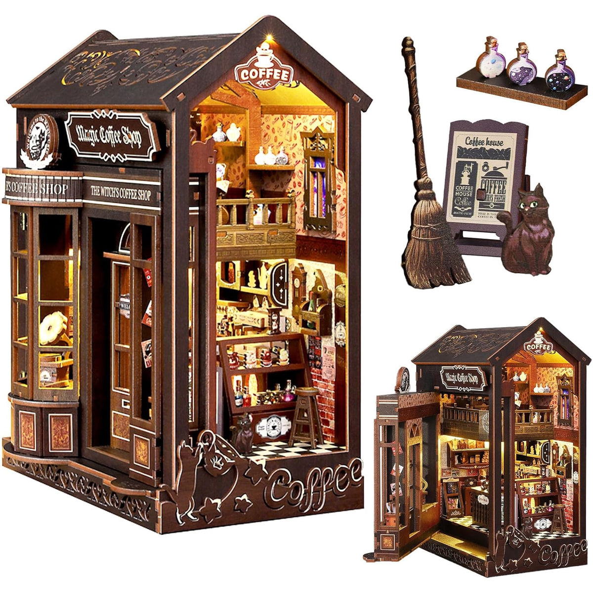 Book Nook Kit Magic Coffee Shop, DIY Miniature House with LED Lights, 3D Wooden Puzzle for Adults & Teens, Bookshelf Decor Craft Gift for Family & Friends