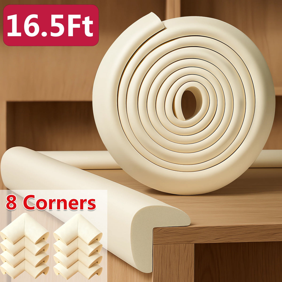 Edge Corner Protector Baby Proofing, 16.5ft Edge & 8 Corners, Soft NBR Foam Furniture Fireplace Safety Bumper Guard with Strong Adhesive (Oyster White)
