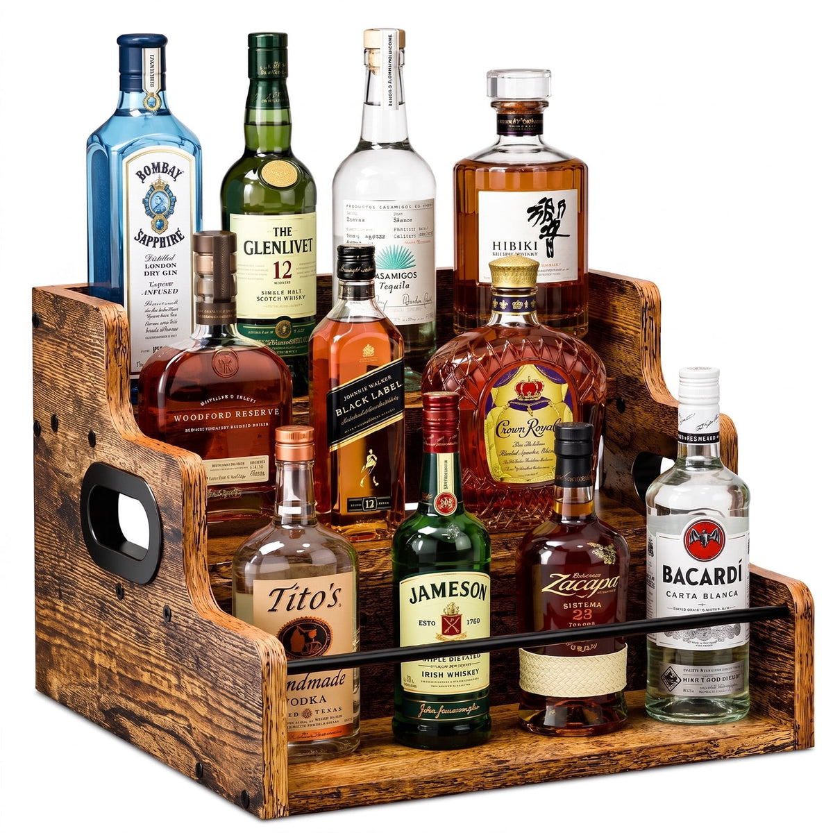 Liquor Bottle Display Shelf, 3 Step Countertop Liquor Wine Rack, Coffee Syrup Rack Organizer, Mini Bar, Liquor Cabinet, Home Retro Bar Shelf Stand for Liquor Whiskey, Spirits