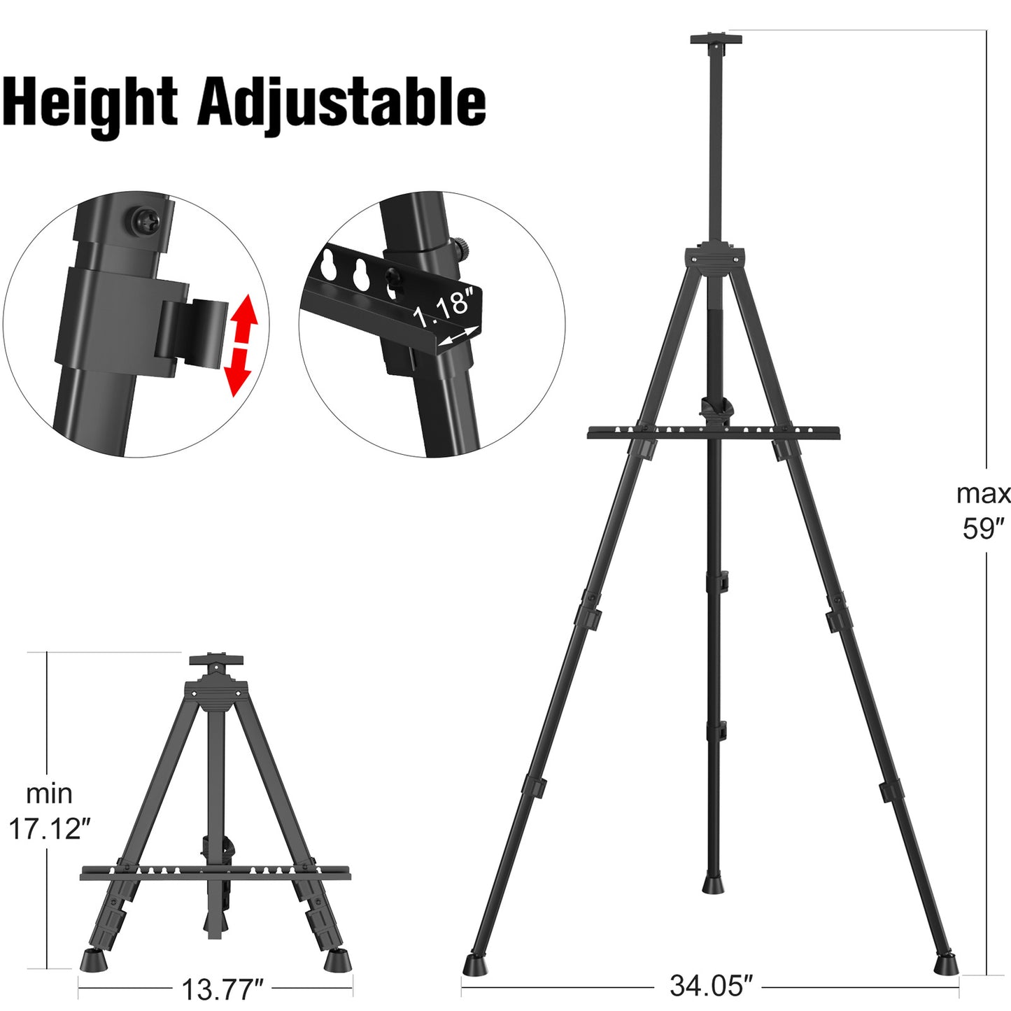 Art Painting Display Easel Stand - Portable Adjustable Metal Tripod Artist Easel with Bag, Height from 17" to 59", Extra Sturdy for Table-Top/Floor Painting, Drawing, and Displaying, Black