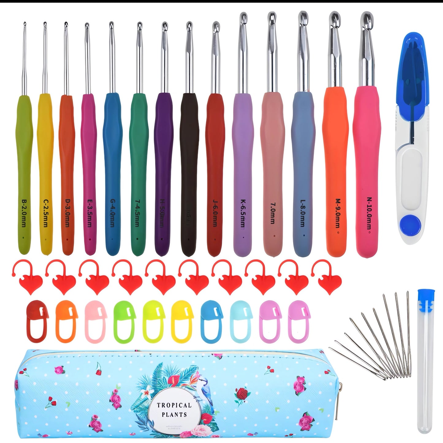 14 Size Crochet Hooks Set, 2mm(B)-10mm(N) Crochet Kit for Beginners, Knitting Needles with Ergonomic Handles for Arthritic Hands, Crochet Needle Kit with Blue Case for Crocheters