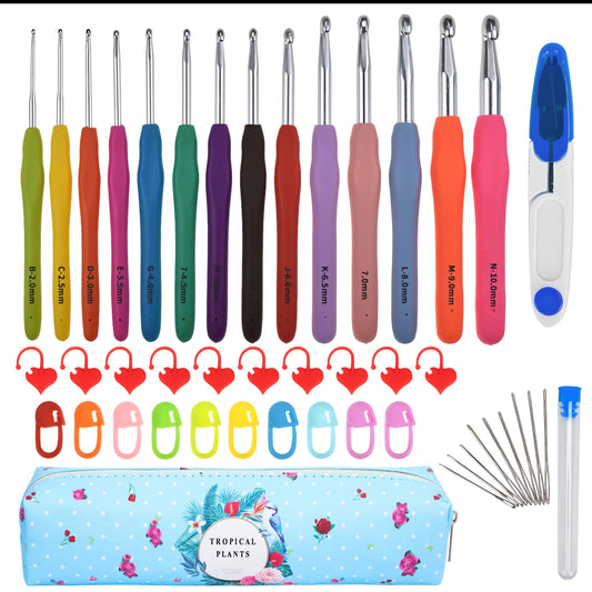 14 Size Crochet Hooks Set, 2mm(B)-10mm(N) Crochet Kit for Beginners, Knitting Needles with Ergonomic Handles for Arthritic Hands, Crochet Needle Kit with Blue Case for Crocheters