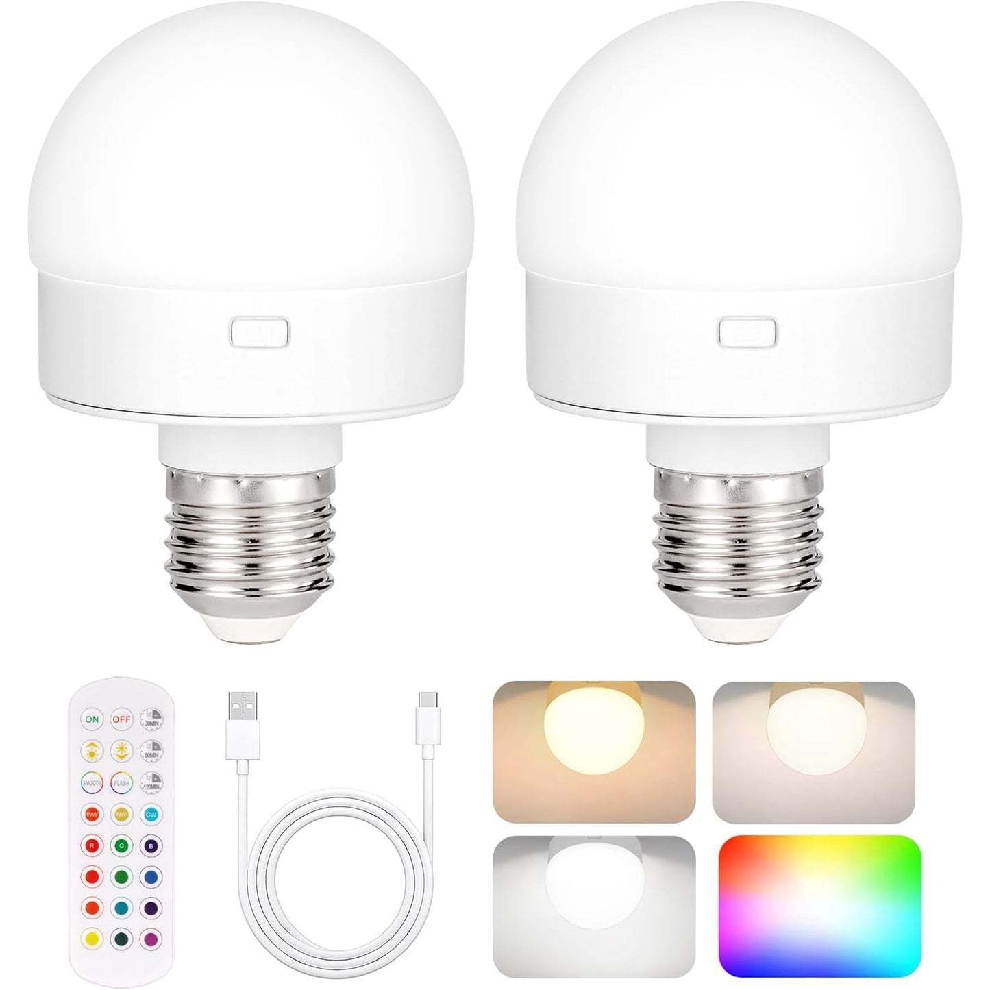 Rechargeable Battery Operated Light Bulb with Remote Control 2 Packs, 350LM Dimmable Detachable LED Bulb with 15 Colors Selectable & 3 Timer, Wireless Puck Light Bulb for Wall Sconce