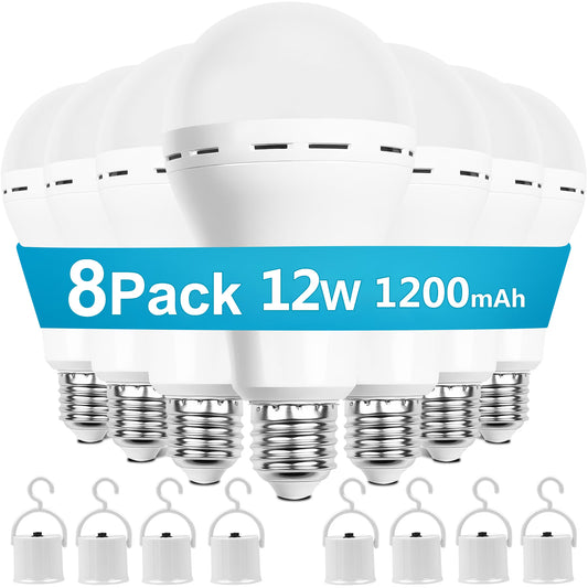 Rechargeable Emergency LED Light Bulb with Hook, Stays Lit When Power Fails, 1200mAh 12W 70W Equivalent 6500K Daylight E26 Bulbs for Home, Camping, Hiking, 8 Pack