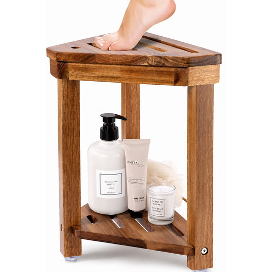 Shower Foot Rest, 14in Acacia Wood Shower Stool for Shaving Legs, Waterproof Corner Shower Stool with Storage Shelf for Inside Small Shower Spaces