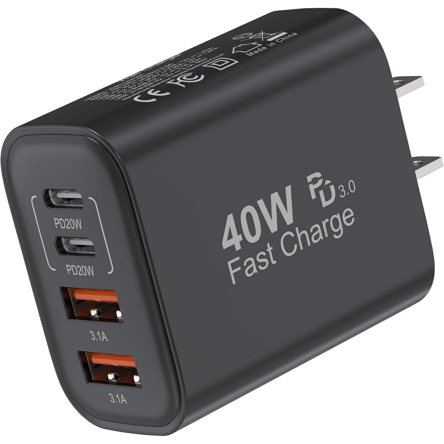 USB C Charger Adapter 40W, PD+QC Multi Port Wall Charger Block Fast Charging Box for iPhone 16 15 14 13 12 11 Pro Max XR XS 8 7 Samsung, Black (1 Pack)