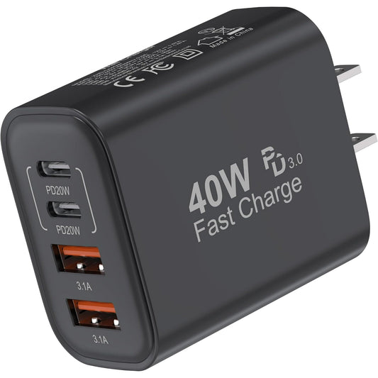 USB C Charger Adapter 40W, PD+QC Multi Port Wall Charger Block Fast Charging Box for iPhone 16 15 14 13 12 11 Pro Max XR XS 8 7 Samsung, Black (1 Pack)