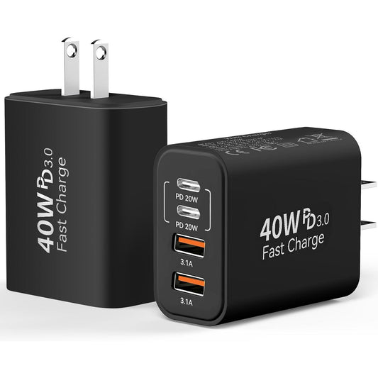USB C Charger Adapter 40W, PD+QC Multi Port Wall Charger Block Fast Charging Box for iPhone 16 15 14 13 12 11 Pro Max XR XS 8 7 Samsung, Black (2 Pack)
