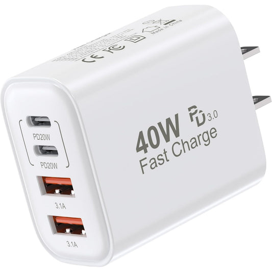 USB C Charger Adapter 40W, PD+QC Multi Port Wall Charger Block Fast Charging Box for iPhone 16 15 14 13 12 11 Pro Max XR XS 8 7 Samsung, White (1 Pack)