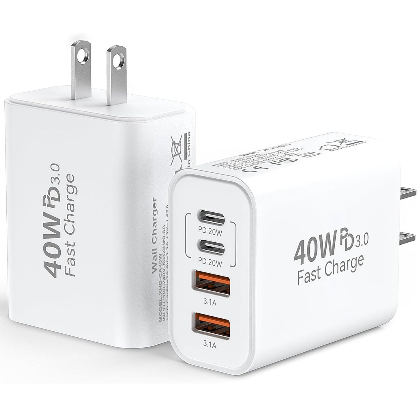 USB C Charger Adapter 40W, PD+QC Multi Port Wall Charger Block Fast Charging Box for iPhone 16 15 14 13 12 11 Pro Max XR XS 8 7 Samsung, White (2 Pack)