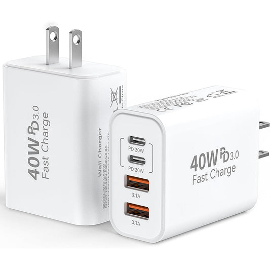 USB C Charger Adapter 40W, PD+QC Multi Port Wall Charger Block Fast Charging Box for iPhone 16 15 14 13 12 11 Pro Max XR XS 8 7 Samsung, White (2 Pack)
