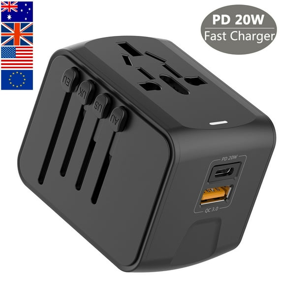 Universal Travel Adapter, European Travel Plug Adapter with 1 USB-C 20W PD Fast Charging & 1 USB-A Adaptor All-in-one Wall Charger for USA EU UK AUS