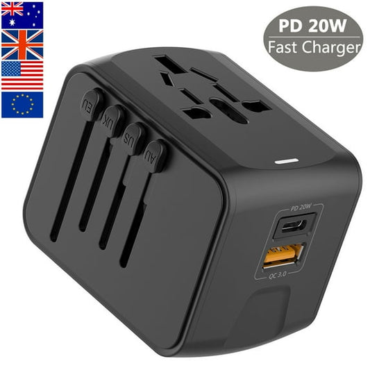 Universal Travel Adapter, European Travel Plug Adapter with 1 USB-C 20W PD Fast Charging & 1 USB-A Adaptor All-in-one Wall Charger for USA EU UK AUS