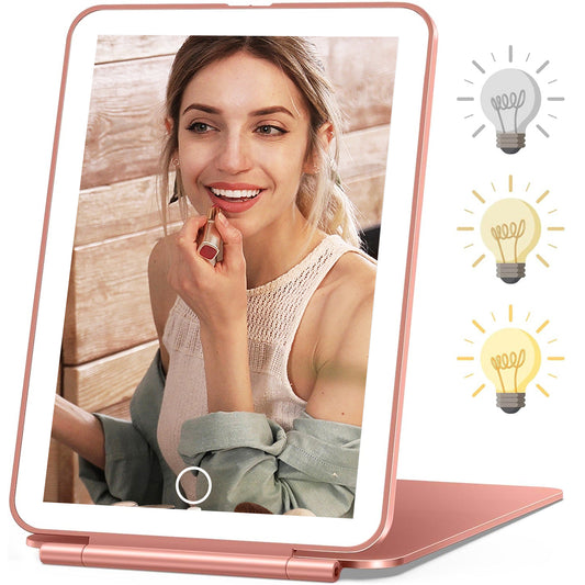Rechargeable Travel Makeup Mirror 48 LED Lighted Makeup Mirror Travel Mirror Compact Slim LED Vanity Mirror with Lights Lighted Makeup Mirror with 3 Lighting Modes Dimmable Touch Screen