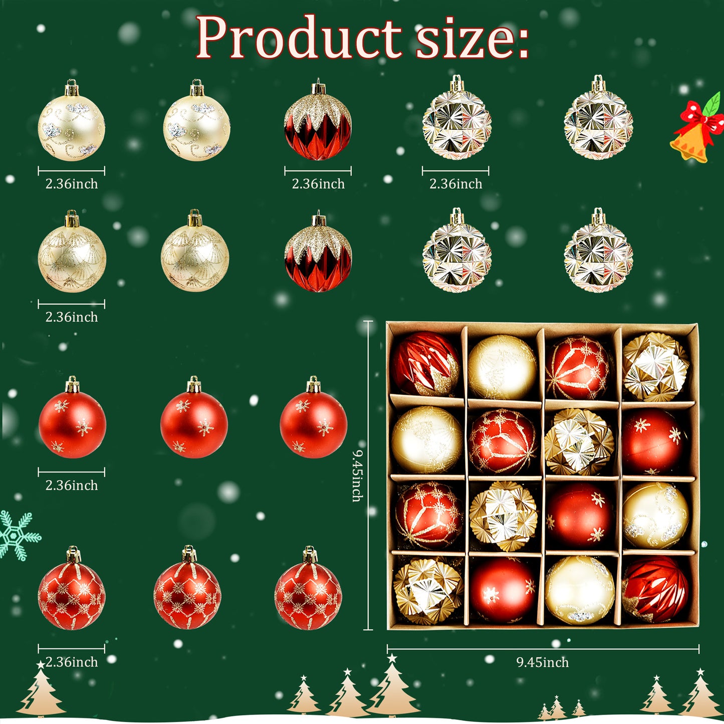 Christmas Ball, 16 pcs Christmas Ball Ornaments Set, Christmas Tree Decorations, Hanging Christmas Baubles Balls Ornaments Set