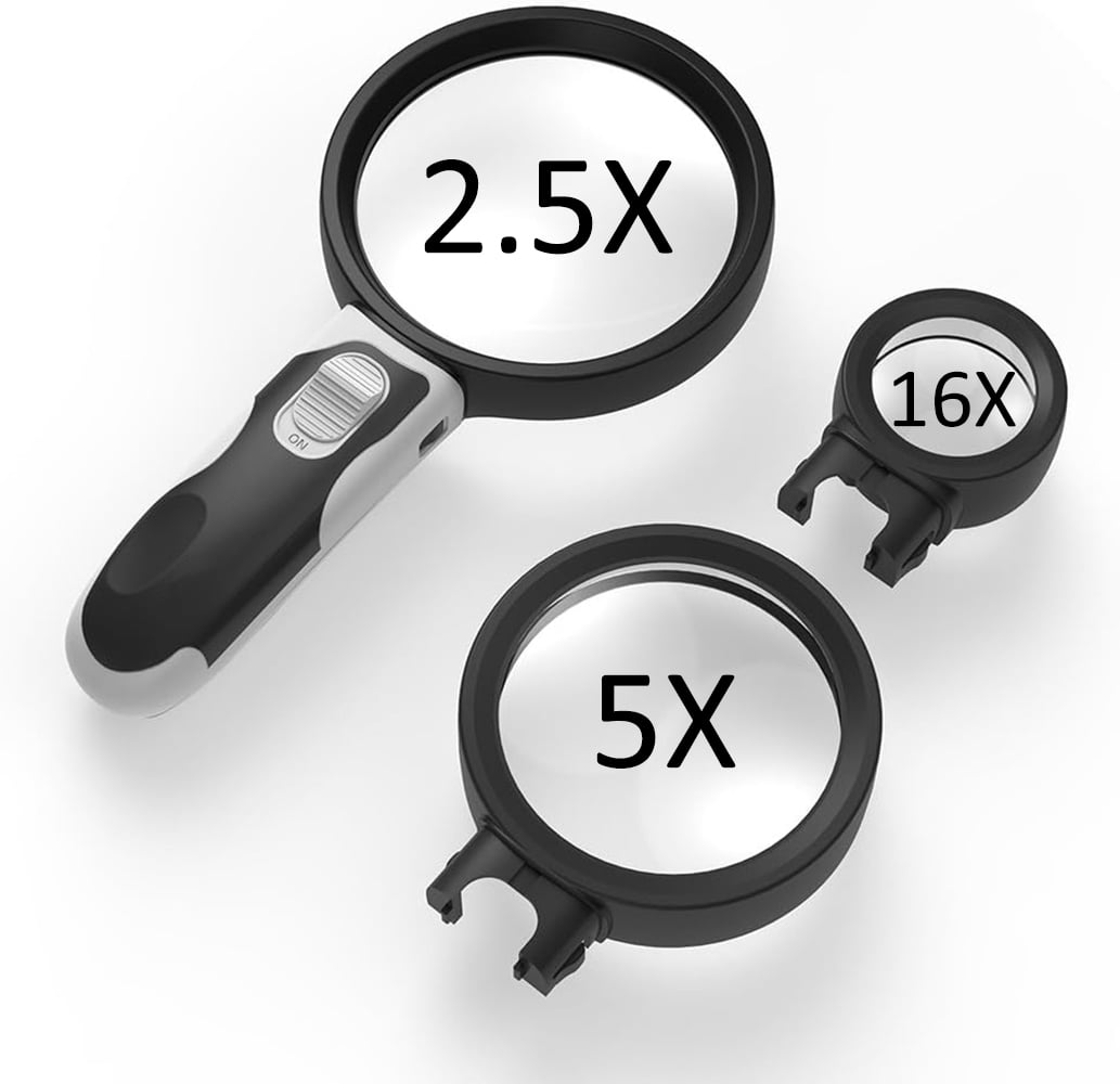 Meromore Magnifying Glass with Lights, 2.5X, 5X, 16X Changeable Lens Set Magnifier LED Reading Magnifier for Seniors Scratch Resistant Magnifying Glass for Reading, Inspection, Hobby, Craft, Black