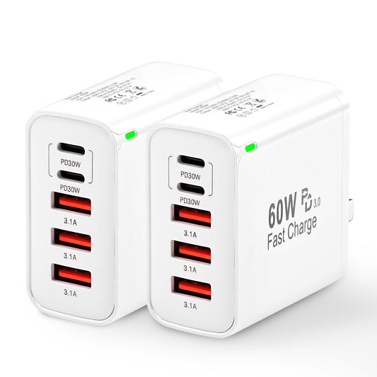 2PCS USB C Fast Charger Block, 60W 5-Port USB C Wall Charger 30W Type C Charging Block, 2USB C+3USB A PD 3.0 Multiport Charging Cube Compatible with iPhone 16 15 14 13 Pro Max, Galaxy S25 S24
