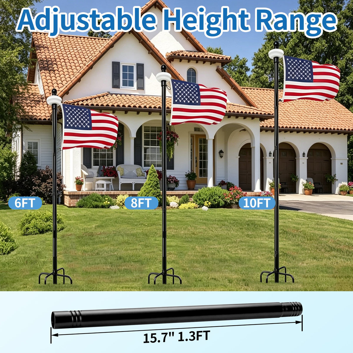 10 FT In Ground Flag Poles for Outside House, Stainless Steel Heavy Duty Flag Pole with 5-Prong Base & Solar Light, Windproof Ground Flagpoles for Yard Outdoor Garden Decor (Flag Not Included)